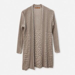 Belladini Crochet Cardigan Open Front Lace Knit Boho Longline Neutral L Cottage